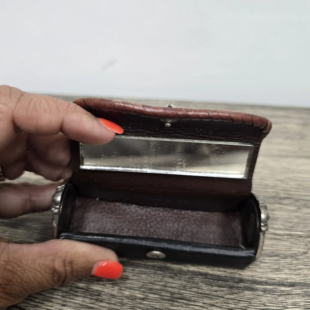 Vintage Brighton Lipstick Case Tube Holder Brown Leather Mirror Silver Heart